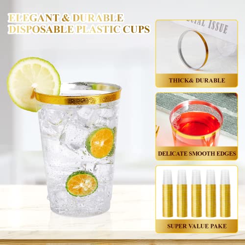 Disposable Plastic Drinking Cups 12 OZ Gold Rimmed Party Cups - 150 Pack - Gold-12oz