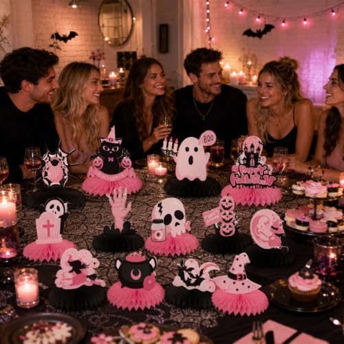 Pink Halloween Table Centerpieces Set - 12 Pastel & Black Honeycomb Party Decor