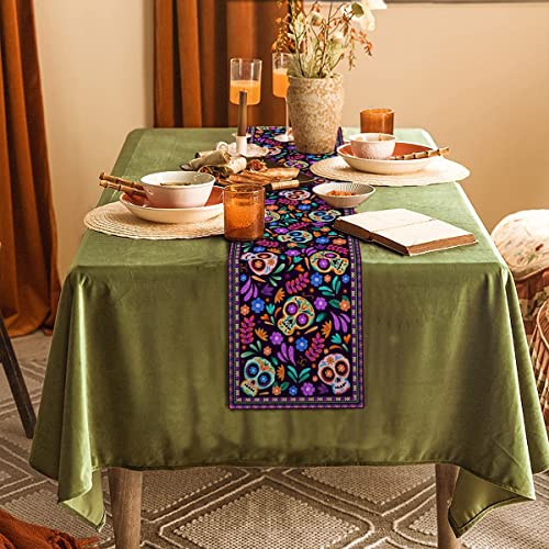 Dia De Los Muertos Table Runner 13 x 108 Inches Linen Mexican Sugar Skull Decor