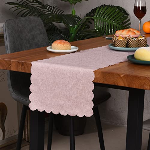 Pink Cotton Table Runner 13x72 Inches Farmhouse Scallop Style - Winotic