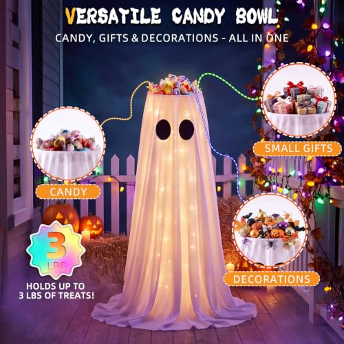 White 39 Inch Lighted LED Halloween Ghost Candy Bowl Stand with Remote & Timer