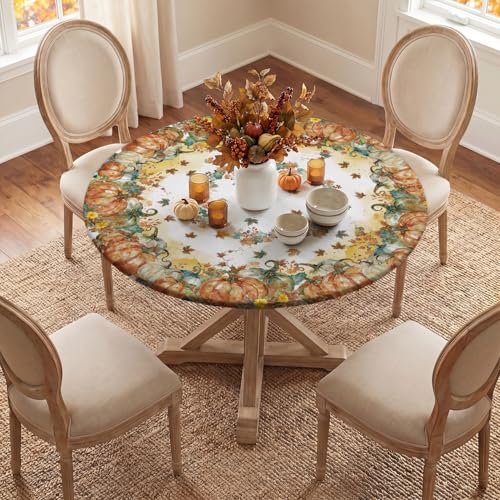 Fall Fitted Round Tablecloth 45-56 Inch with Pumpkin Leaves Orange - 56" Variation