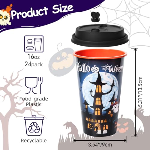 Halloween Party Cups Set - 24 Reusable Plastic Cups with Lids & Plugs, 16oz Spooky Designs