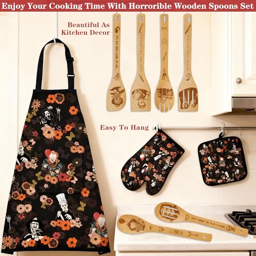 Horror-Themed Bamboo Cooking Utensils Set with Oven Mitts & Apron - Spooky Kitchen Accessories