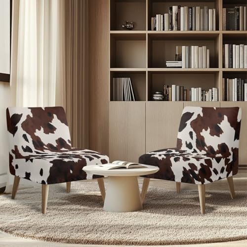Brown Cow Print Armless Accent Chair Cover Slipcover - Stretch Soft Non-Slip Furniture Protector
