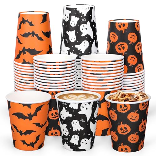 Halloween Paper Cups 120Pcs Disposables with Pumpkin Ghost Bats Design 9 Oz