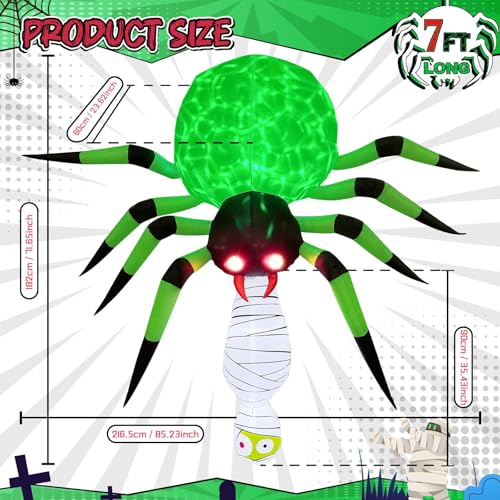Inflatable Spider with Mummy & Green LED Light - 7FT Halloween Outdoor Decor
