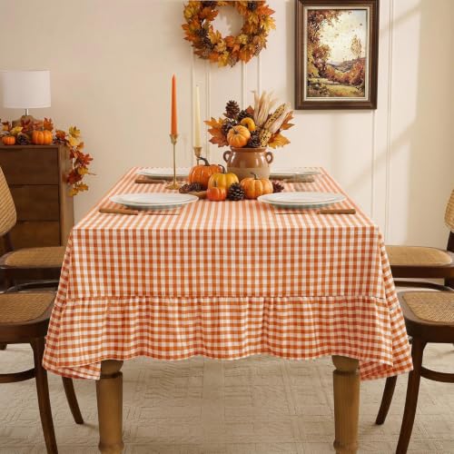 Romanstile Fall Gingham Ruffled Tablecloth - Orange, 60 x 84 Inch Rectangular