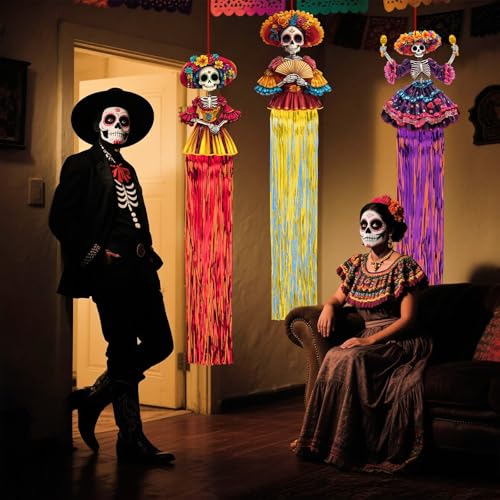 SNILOAW 8 Pcs Day of The Dead Sugar Skull Hanging Decorations - Skull a