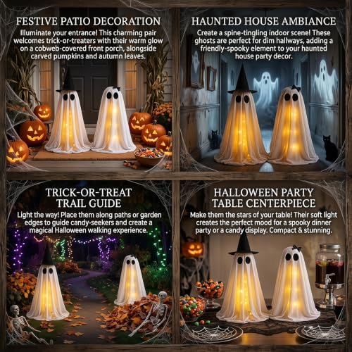 Light Up Halloween Ghost Decor Set - 2 Standing Ghosts with Witch Hat & Lights