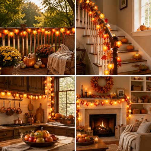 Orange & Yellow Maple Leaf String Lights - 10.5FT Outdoor Fall Decor with 10 LEDs