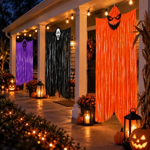 G2PLUS Halloween Hanging Ghost Decorations Set - Black, Orange, Purple, 3 Pack, 6 Ft Foil Fringe Ghosts for Indoor & Outdoor Decor