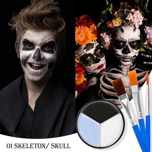 Skeleton/Skull Halloween Face & Body Paint Kit - Black, White, Grey/Gray, with Sponge & Brush