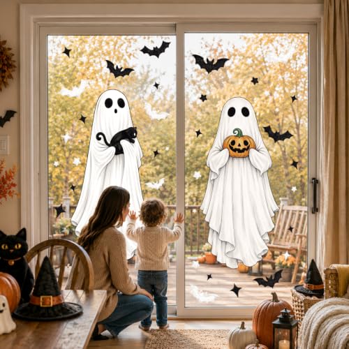 Halloween Ghost Window Clings - Extra Large Spooky Bats, Cats & Pumpkins, 3 Sheets, Indoor Outdoor Decorations - Variation: Ghost
