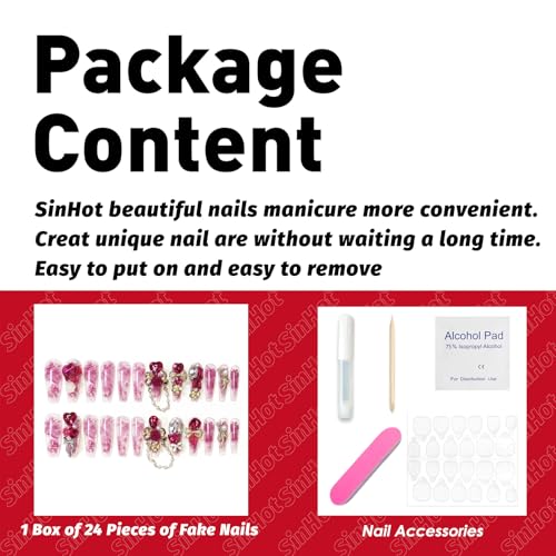 Press On Nails Long Coffin Fake Nails with Rhinestones - Pink Reusable False Nails FN078010