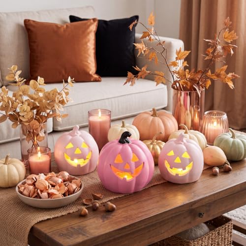 Pink Halloween Pumpkin Decor Set - 3 LED Lighted Flocked Resin Ornaments