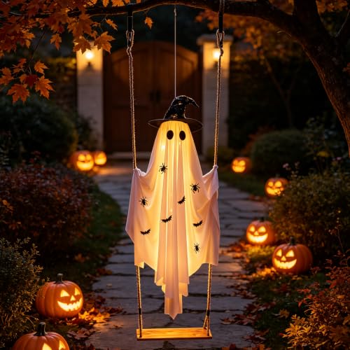 White Lighted Swing Ghost Halloween Decoration - 5FT Outdoor Hanging Ghost with Wooden Swing, 30 LED Lights & Remote