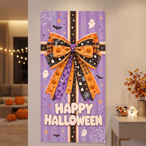 Halloween Door Cover Banner with Gift Bow Design - 70.8 x 35.4 in for Party & Home Decor