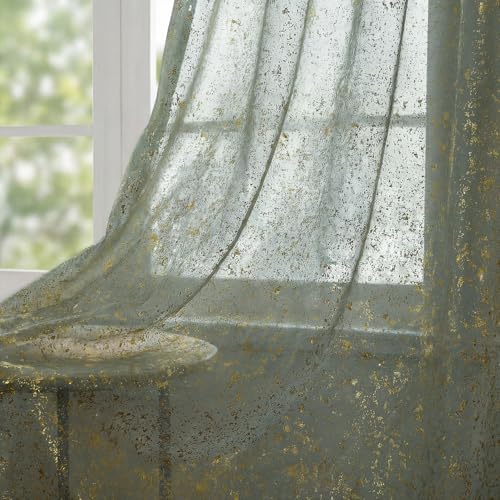 Sage Green Sheer Curtains 52x84in Set of 2 with Gold Sequin Accents - Room Decor