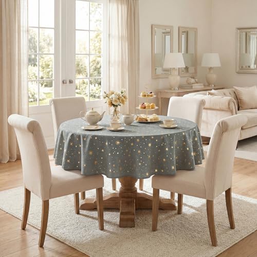 Dark Grey Rustic Round Tablecloth 60x60 Inch with Star Sequin Pattern