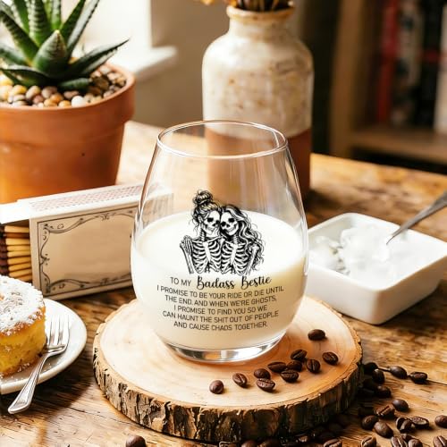 Funny Halloween Skeleton Stemless Wine Glass 15 oz - Bestie Gift, Clear Variation