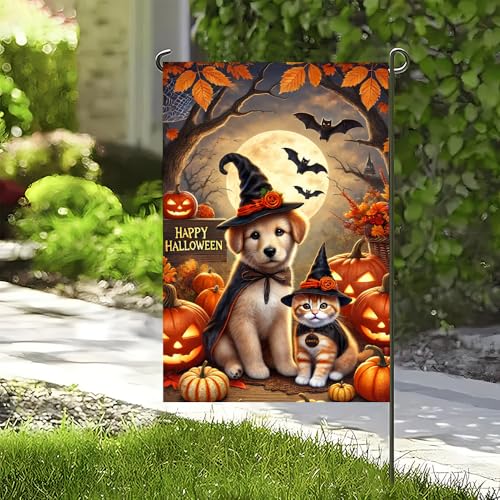 Halloween Garden Flag 12x18 Dog Cat Pumpkin Welcome - Variation 08