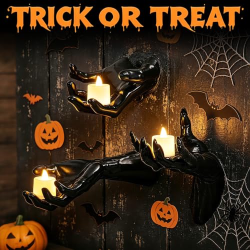 Gothic Halloween Wall Decor Set of 3 with Creepy Skeleton Hands & LED Candles