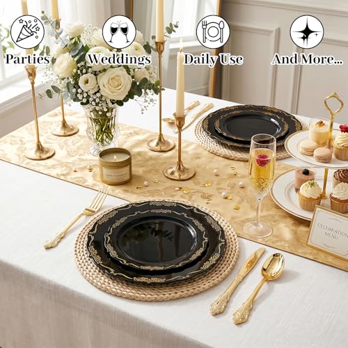 Black and Gold Plastic Dinnerware Set - 150 Pieces for Parties & Events