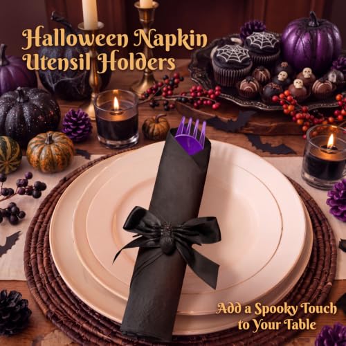 Halloween Spider Themed Disposable Cutlery Set - Black and Purple, 30 Pieces