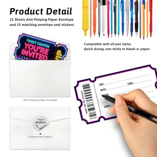 Purple Neon VIP Birthday Party Invitations Set - 15 Double-Sided Cards & Envelopes