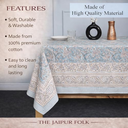 Hand Block Printed Floral Rectangle Table Cloth - Sky Blue, 108x72 Inches, Cotton, Festive & Everyday Use