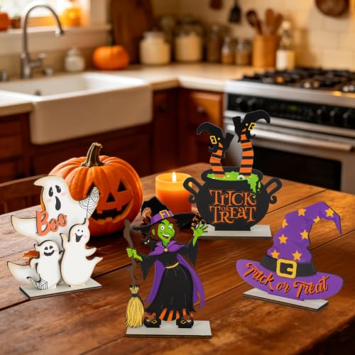 Halloween Wooden Table Centerpiece Signs - 4 Pack Rustic Ghost & Witch Decor with Variation Style 1