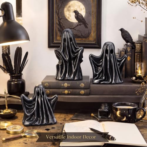 Halloween Ghost Figurine Set - 3 Black Resin Gothic Decor, 4-6 Inches