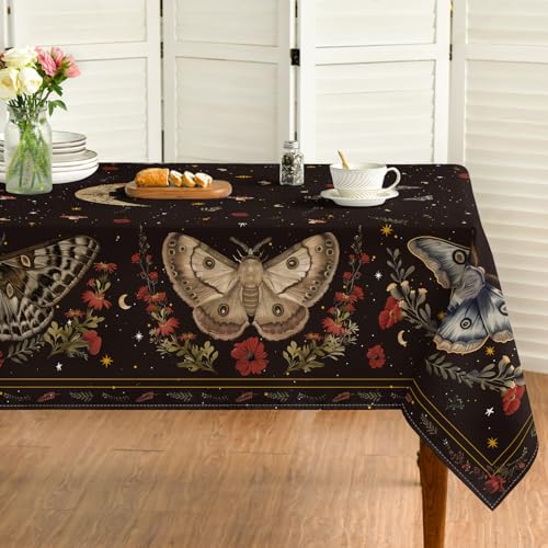 Horaldaily Butterfly Stars Moon Tablecloth 60x84 Inch Rectangular Black
