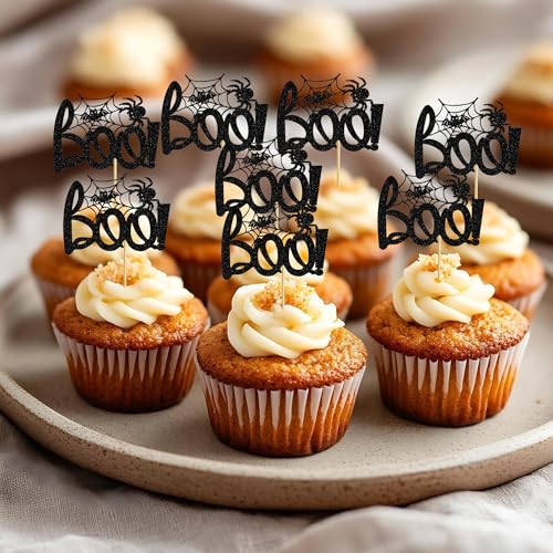 Halloween Boo Cupcake Toppers Glitter Spider Web Bat Cake Decorations - Style 4 Black