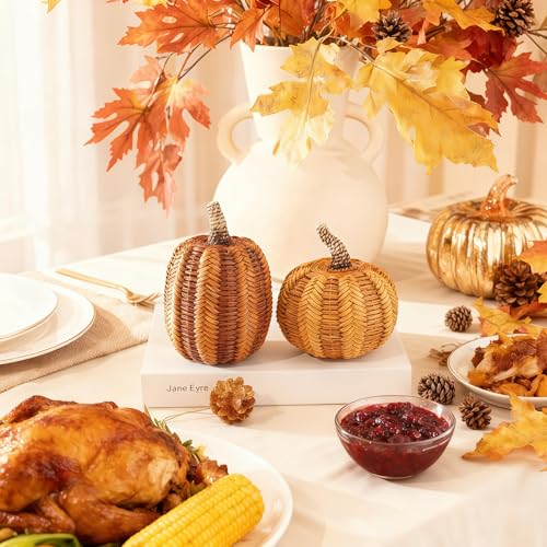 Medium Fall Pumpkin Decorations Set - 2 Resin Pumpkins for Autumn Home Decor