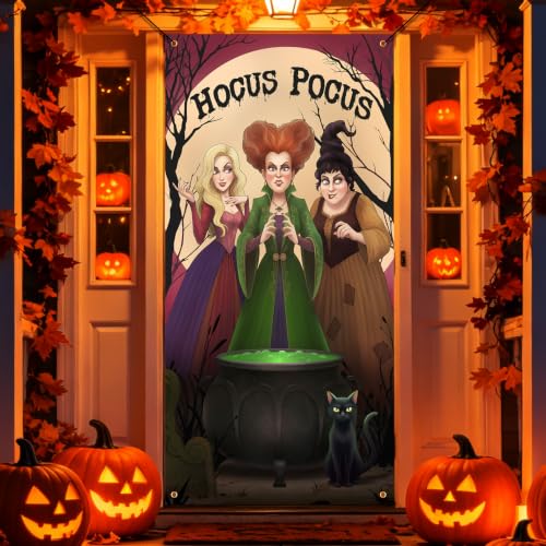 Halloween Door Cover Hocus Pocus Decorations Witch Sisters Black Cat Banner