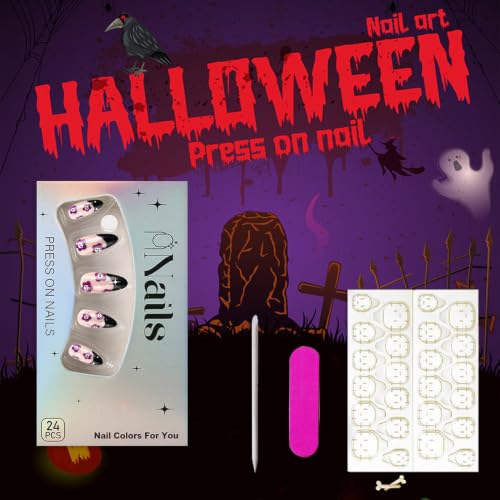 Halloween Skull Flower Press On Nails Long Almond Fake Nails - Variation of THIS listing