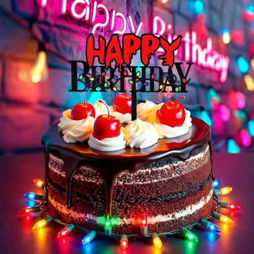 Horror Birthday Cake Topper Acrylic Black & Red Spooky Light Bulb Pattern