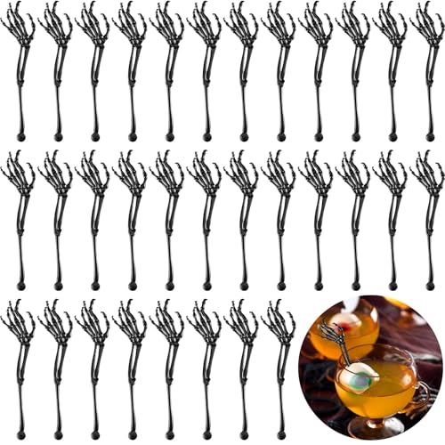 Black Skeleton Hand Cocktail Picks - 100 Pcs Halloween Swizzle Sticks
