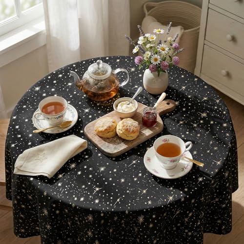 Black Round Tablecloth 60x60 Inch with Star Sequin - Durable Polyester