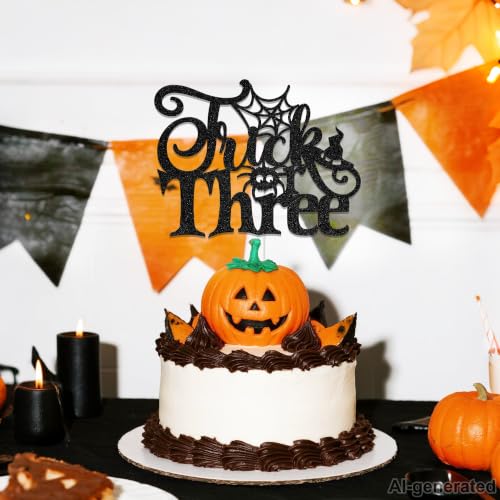Halloween Themed 3rd Birthday Cake Topper Trick or Three Decorations Black Glitter
