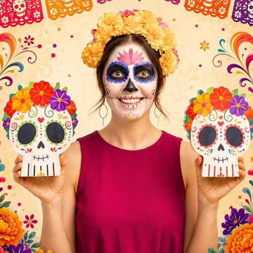 Day of The Dead Sugar Skull Table Decorations with Flower - 2 Pcs Mexican Festive Decor