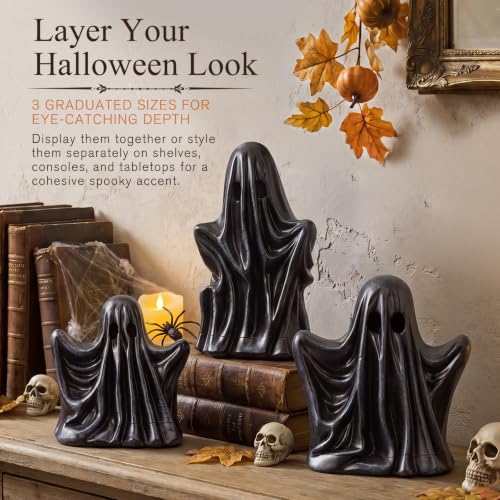 Halloween Ghost Figurine Set - 3 Black Resin Gothic Decor, 4-6 Inches