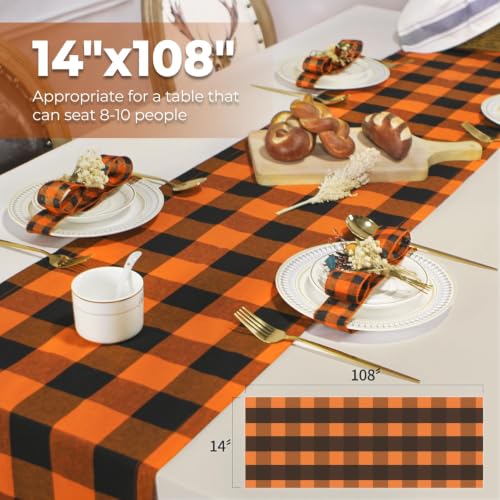 Halloween Table Runner 14x108 Inch - Buffalo Check Cotton Table Decor - Orange Black