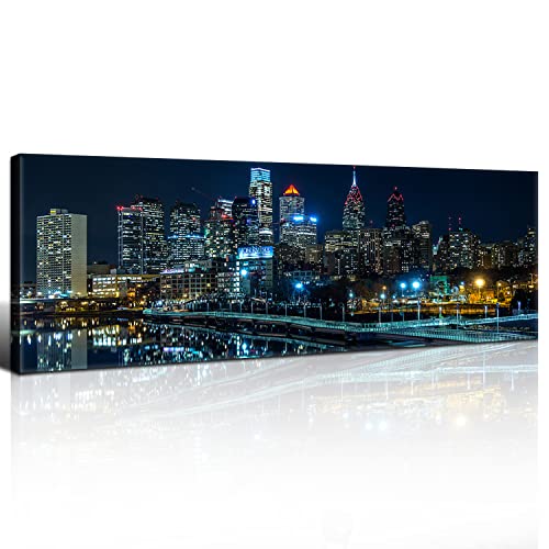 Philadelphia Skyline Wall Art Canvas Prints Night Cityscape Blue 14x48 with Frame - Blue Night Schuylkill River