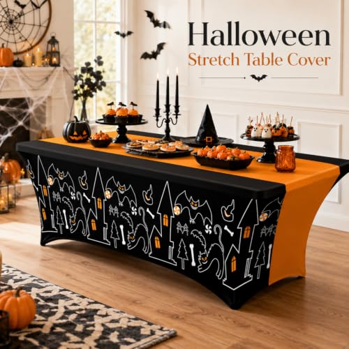 Halloween Gothic Castle Tablecloth 2 Pack - Black & Orange, 6 ft, Classic Halloween, Variation of THIS listing