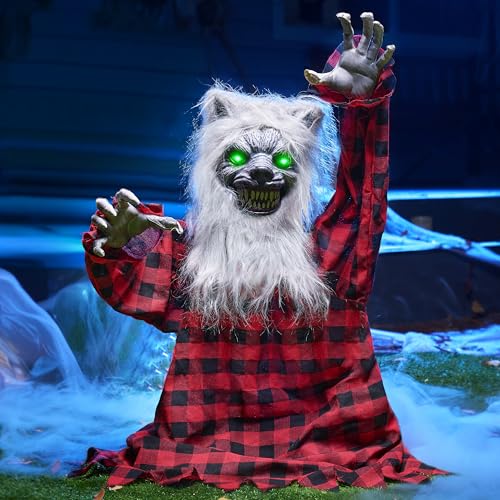 Halloween Animatronic Werewolf Groundbreaker Outdoor Decoration Scene with Moving Arms & Light-Up Eyes
