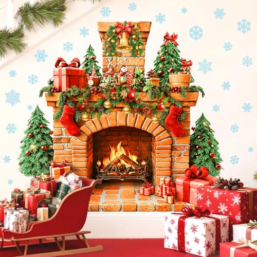 Christmas Fireplace Wall Decals - Snowflakes & Winter Tree Stickers - Removable Holiday Mural - Fireplace Variation
