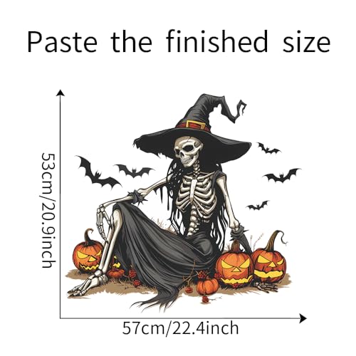 Halloween Witch Skeleton Wall Decals - Removable Skull Stickers with Bats & Pumpkins, Black & Orange Variation